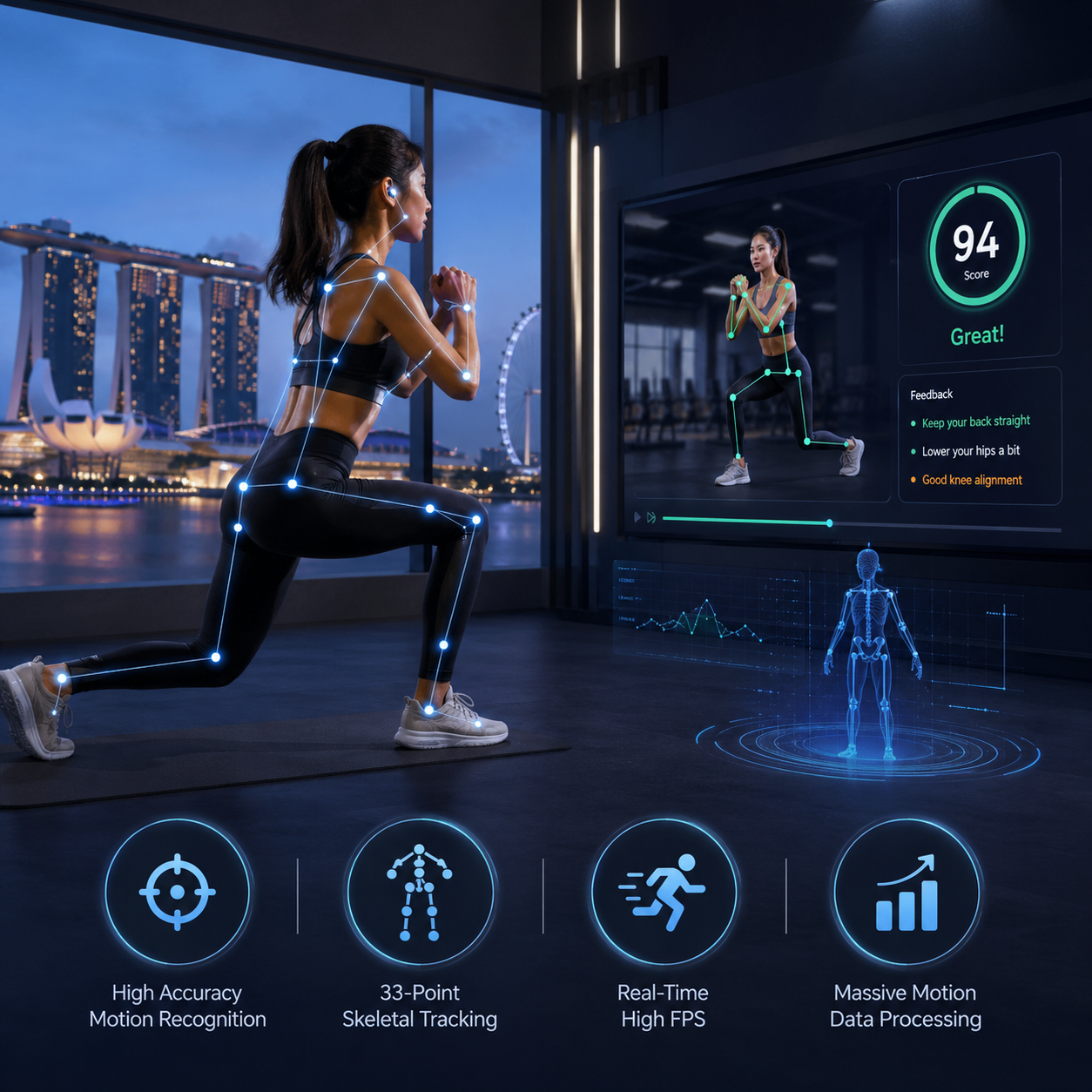 AI real-time movement correction with 33 skeletal points and high-accuracy motion recognition